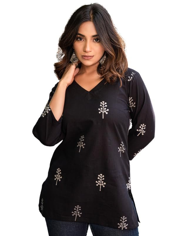 Version 1.0.0 Floral Print Rayon Kurta for Women | Regular Fit Top | Stylish Top for Girls | Top for Office | Kurti for Women | Black | 1083 - Image 1