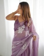 Women's Shimmer Chiffon Sequence Embroidery Saree With Unstitched Blouse Piece - Image 3