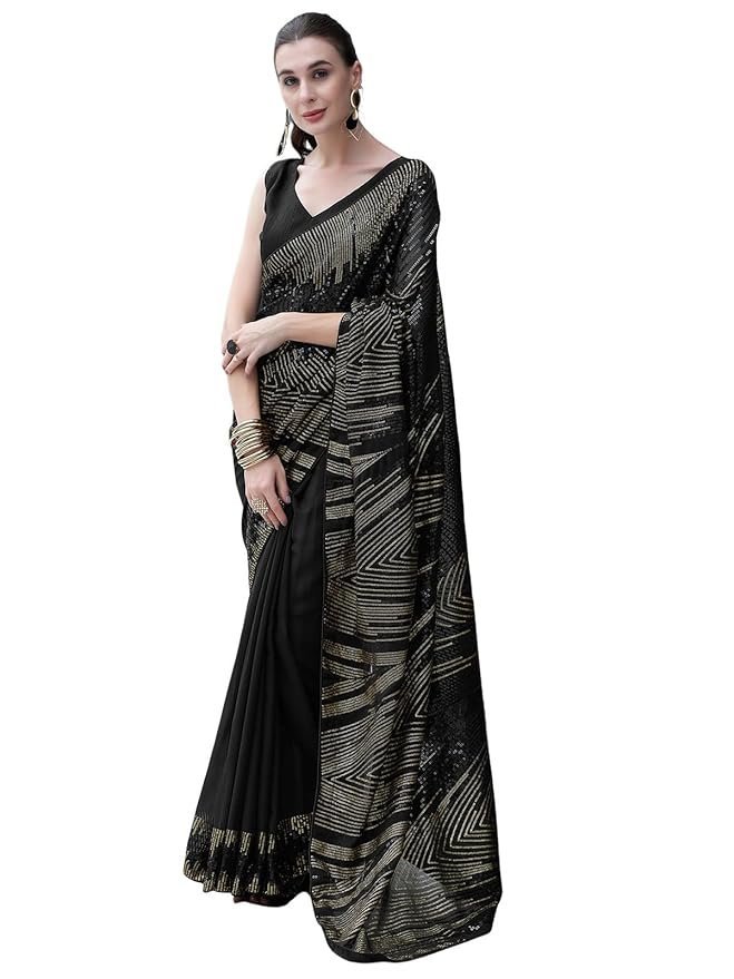 71EKvQ+ED8L._SY879_ Women's Georgette Sequence Work Saree with Unstitched Blouse Piece - Image 1